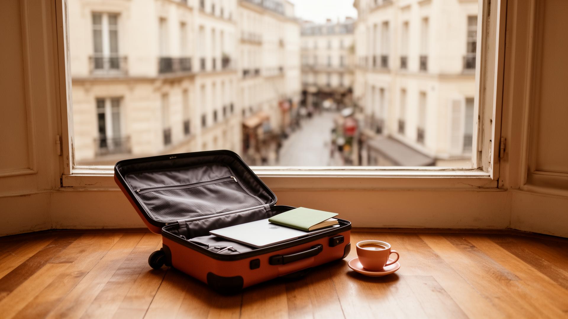 An open suitcase with a laptop and notebook on a wooden floor by a window overlooking a Parisian street