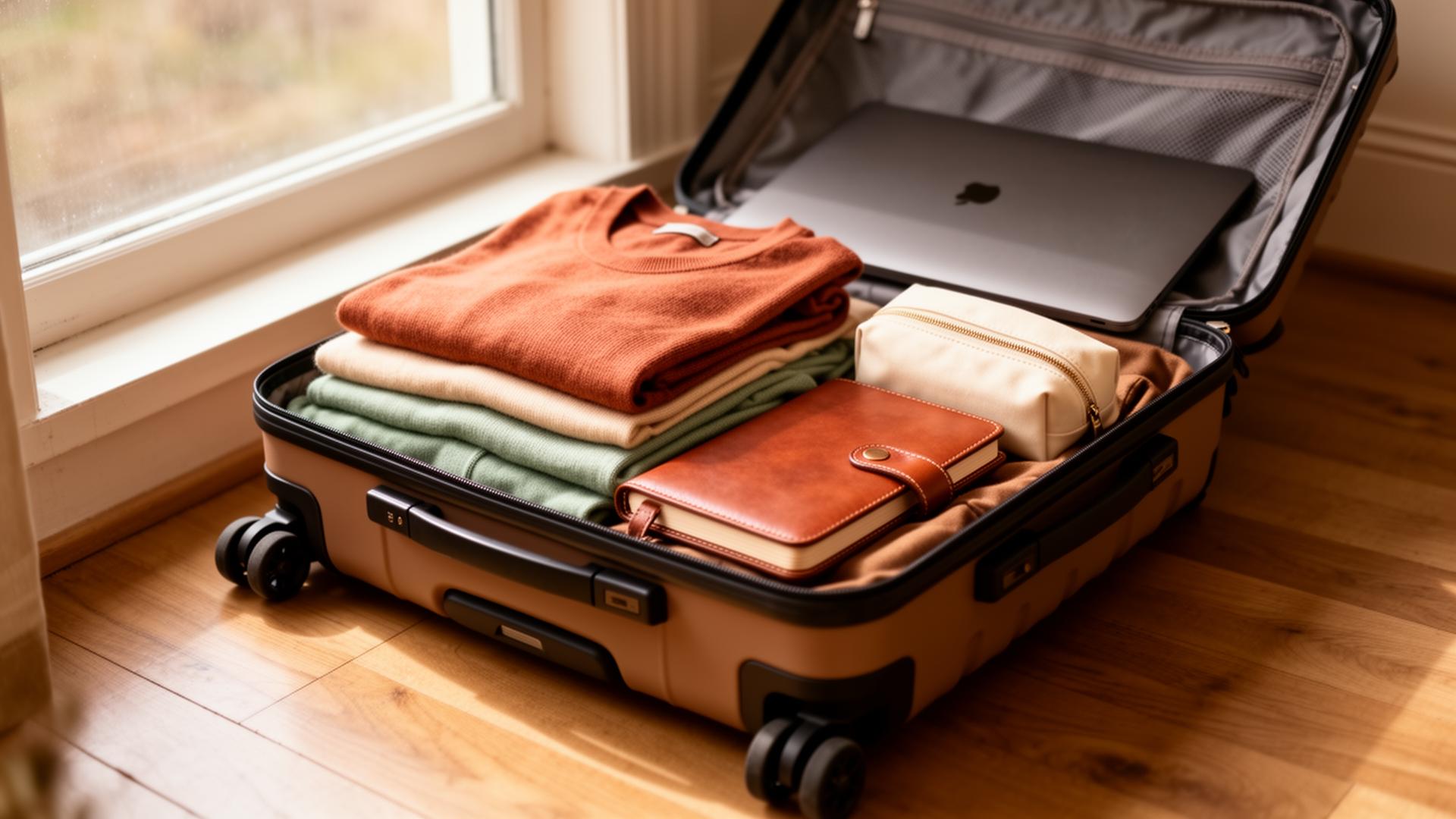 A neatly packed carry-on suitcase by a sunlit window with folded earth-toned clothes, a laptop, and a leather notebook