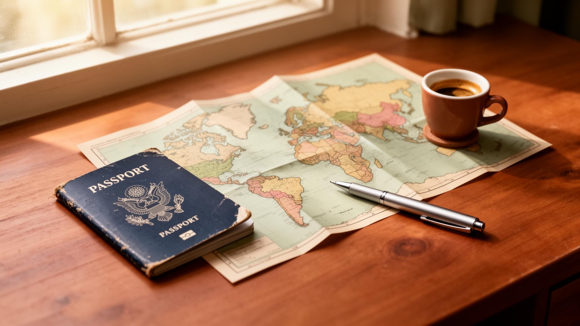 A worn passport and an open paper world map on a sunlit wooden desk with an espresso cup